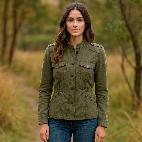 Sanctuary Army Style Utility Jacket Snap Front Pockets Olive Green Size S or M - Picture 2 of 14